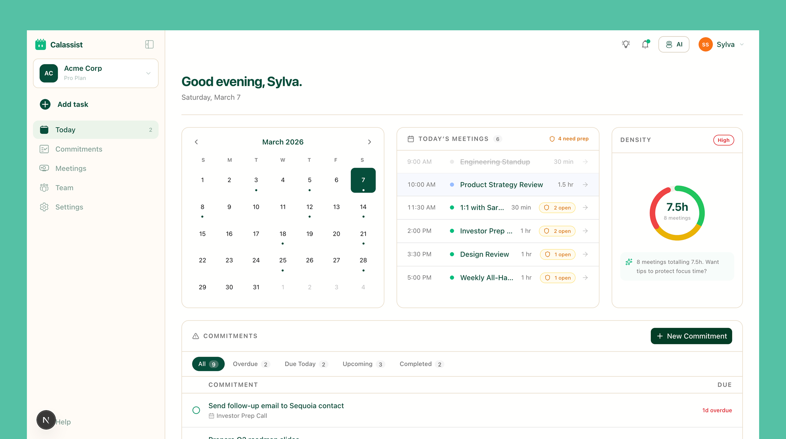 Calassist dashboard showing today's meetings and commitments